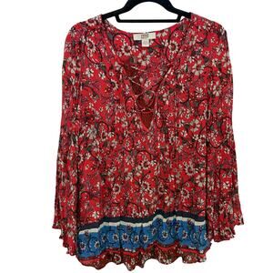 Vintage‎ America Blues Floral Boho Red Flow Blouse Large Bell Sleeve Prairie Y2K